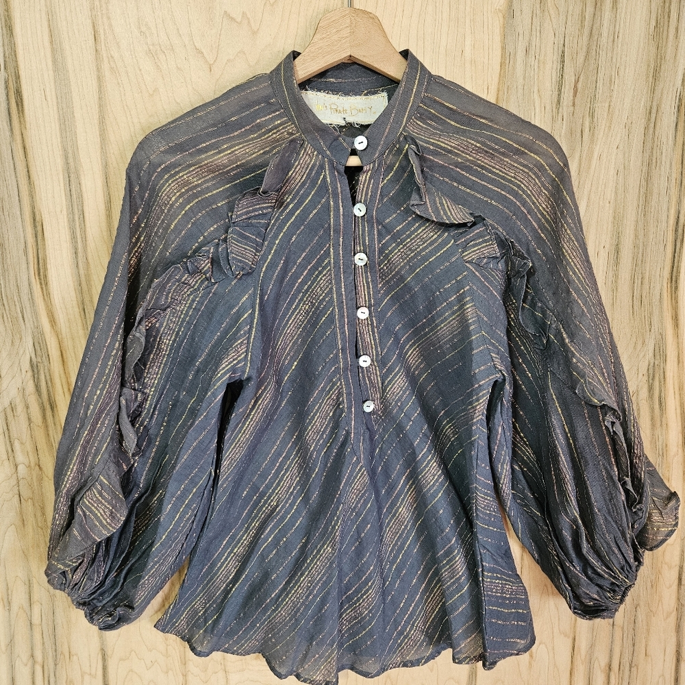 Jens Pirate Booty Wmns Sz XS Troubadour Ruffle Blouse Purple with Copper Stripe